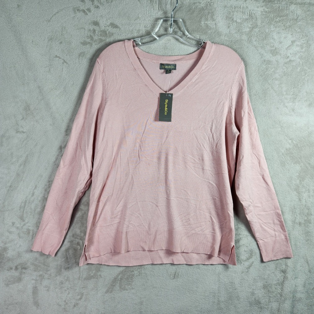 Style & Co V-Neck Sweater Womens Medium Pink Veiled Rose Basic Pullover Casual